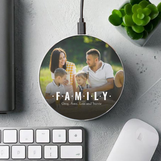 Family Photo Personalized Wireless Charger (Family typography photo phone charger. )