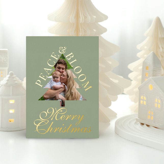 Family photo pine tree gold script green real  foil invitation (Family photo pine tree gold script green real foil christmas card )