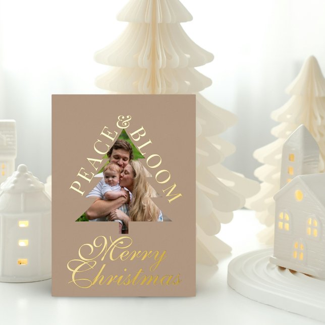 Family photo pine tree script taupe gold real  foil invitation (Family photo, pine tree, handwritten script, taupe gold real foil christmas card )