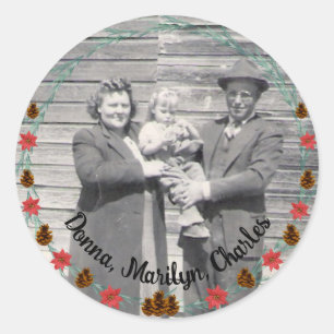 Family Photo Pinecones, Boughs, Poinsettias Border Classic Round Sticker