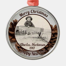 Family Photo Pinecones Name Year Merry Christmas Metal Ornament