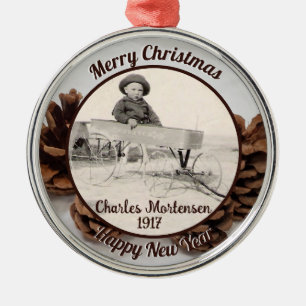 Family Photo Pinecones Name Year Merry Christmas Metal Ornament