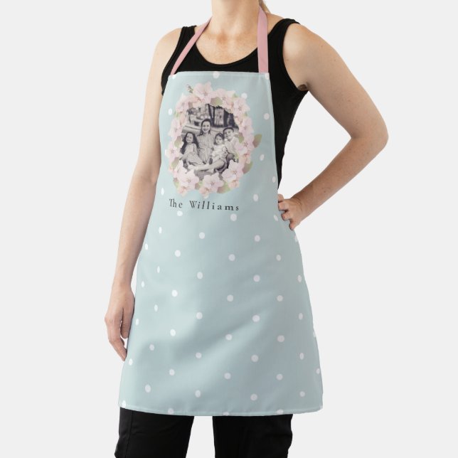 Family Photo Pink Floral Wreath Blue Apron (Insitu)