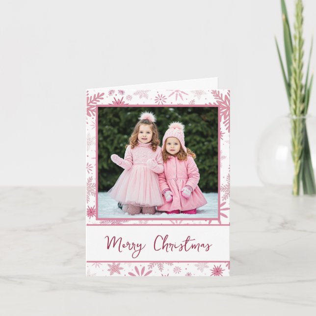 Family Photo Pink Snowflakes Christmas Greeting  Holiday Card (Front)