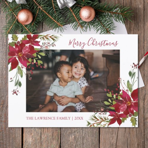 Family Photo Poinsettia Botanical Merry Christmas Holiday Card