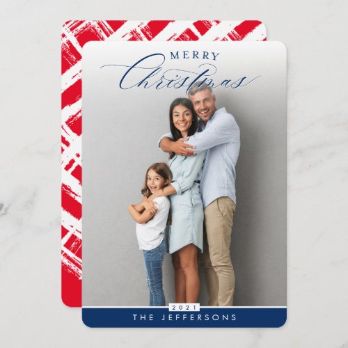FAMILY PHOTO portrait modern calligraphy navy blue Holiday Card