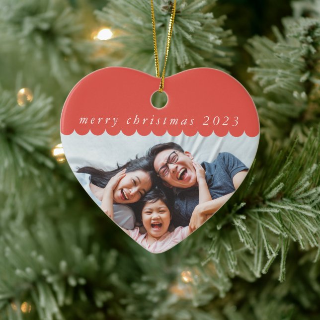 FAMILY PHOTO pretty cute scallop edge red Ceramic Ornament (Tree)