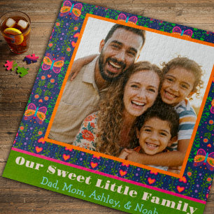 Family Photo Pretty Folk Butterfly Flowers Custom Jigsaw Puzzle