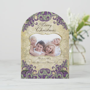 Family Photo Purple & Green Peacock Christmas Card