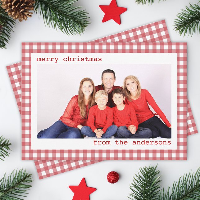 Family Photo Red and White Gingham Merry Christmas Holiday Card (Creator Uploaded)