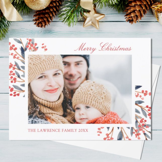 Family Photo Red Berries Botanical Christmas Holiday Card (Creator Uploaded)