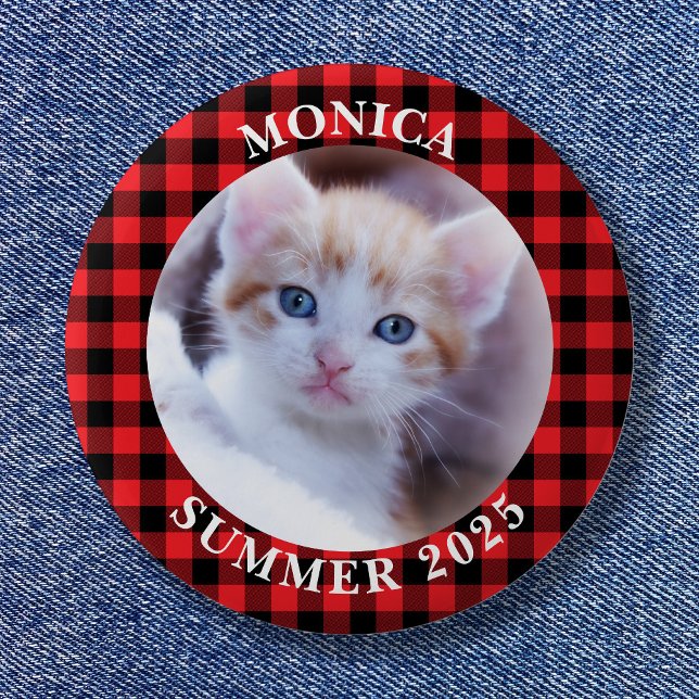 Family Photo Red Black Buffalo Plaid Border Button (Family Photo Red Black Buffalo Plaid Border Button)