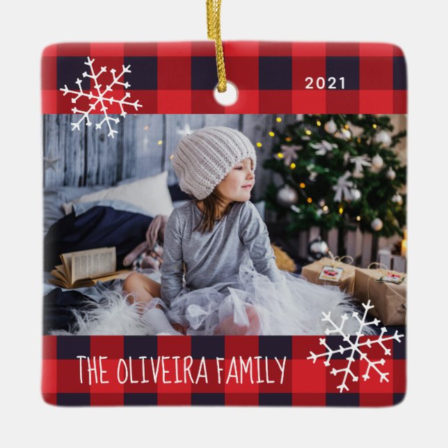 Family Photo Red Buffalo Plaid Ceramic Ornament (Front)