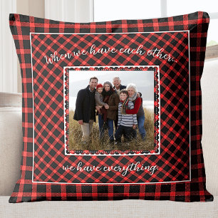 Family Photo Red Buffalo Plaid Holiday Throw Pillow