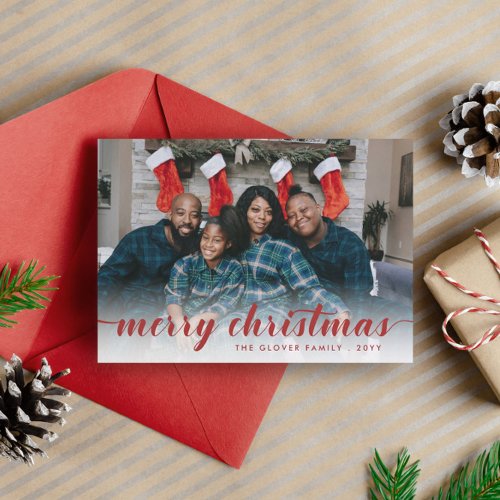Family Photo Red Calligraphy Merry Christmas Holiday Card