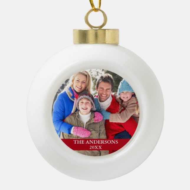 Family Photo Red Ceramic Ball Christmas Ornament (Front)