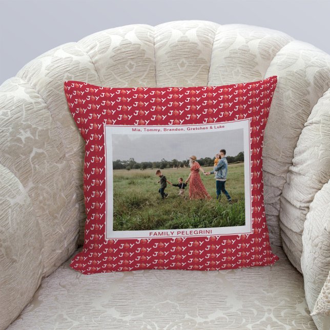 Family Photo Red Christmas Joy Throw Pillow (Creator Uploaded)