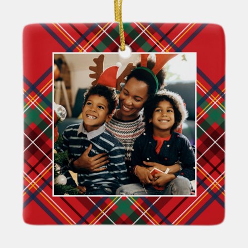 Family photo red Christmas plaid personalized Ceramic Ornament
