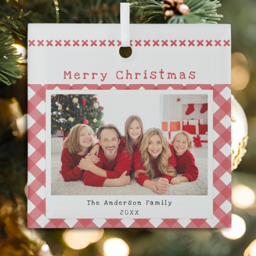 Family Photo Red Gingham Personalized Christmas Glass Ornament
