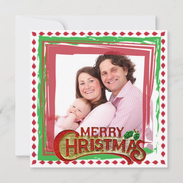 Family Photo Red & Green Border Christmas Card (Front)