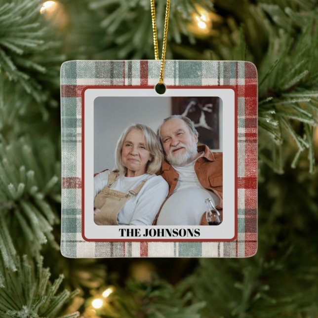 Family Photo Red & Green Plaid Christmas Ornament (Tree)