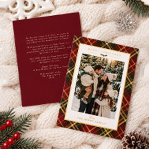 Family Photo Red Green Tartan Foli Holiday Card