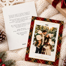Family Photo Red Green Tartan Foli Holiday Card