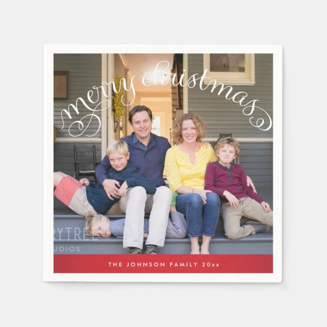 Family Photo Red Merry Christmas Napkins (Front)