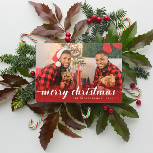 Family Photo Red White Calligraphy Merry Christmas Holiday Card