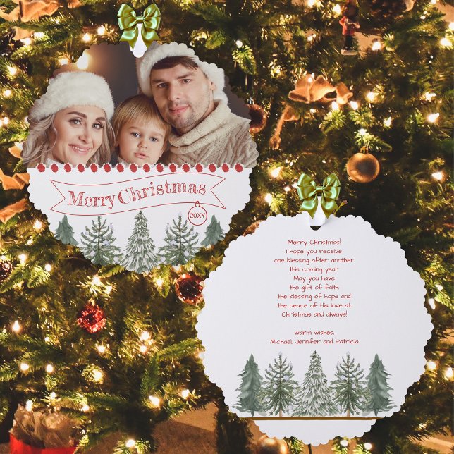 Family Photo Retro Botanical Green Merry Christmas Ornament Card (Creator Uploaded)
