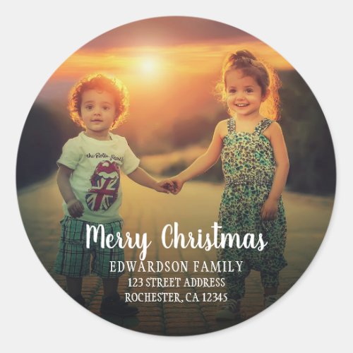 Family photo return address Merry Christmas Classic Round Sticker
