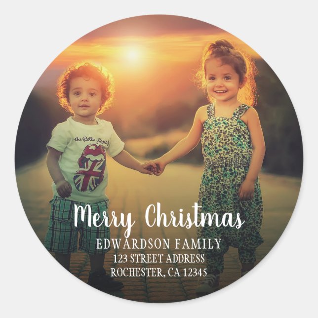 Family photo return address Merry Christmas Classic Round Sticker (Front)