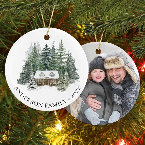 Family Photo Rustic Pine Forest Cabin Christmas Ceramic Ornament