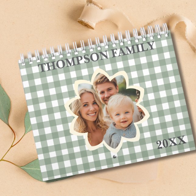 Family Photo Sage Green Plaid Fun Shapes 12 month Calendar (Creator Uploaded)