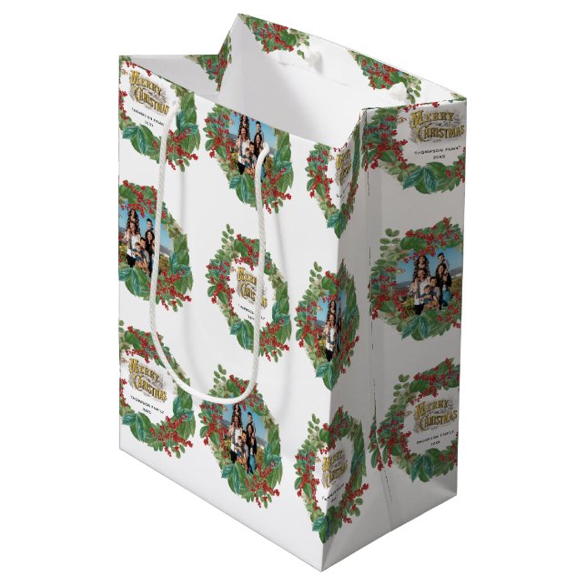 Family Photo Script Holiday Merry Christmas Card Medium Gift Bag (Front Angled)