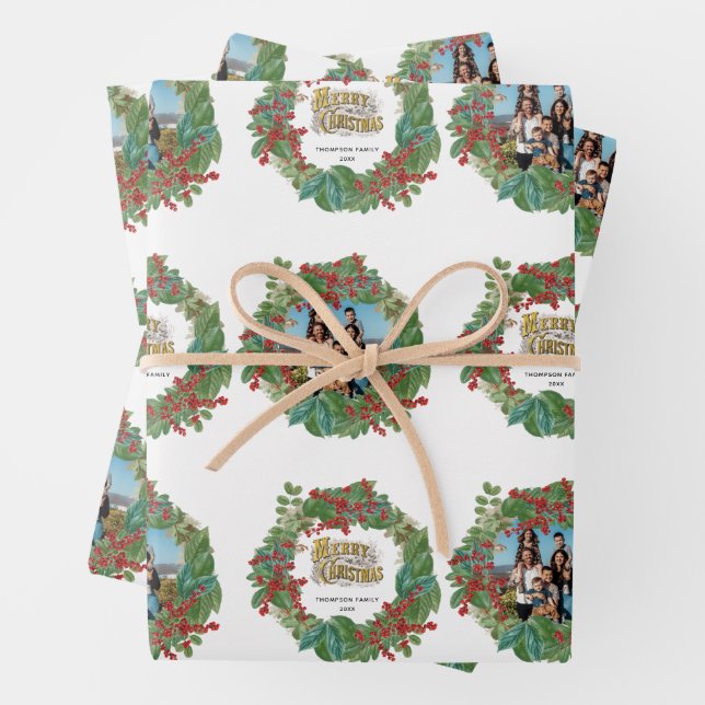 Family Photo Script Holiday Merry Christmas Card Wrapping Paper Sheets (In situ)