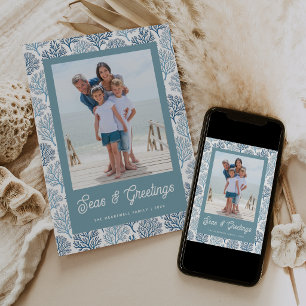 Family Photo Seas and Greetings Turquoise Holiday Card
