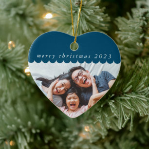 FAMILY PHOTO simple cute scallop edge blue Ceramic Ornament