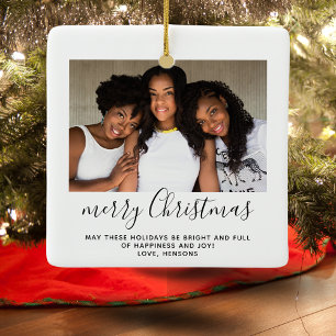 Family Photo Simple Minimalist Script Christmas Ceramic Ornament