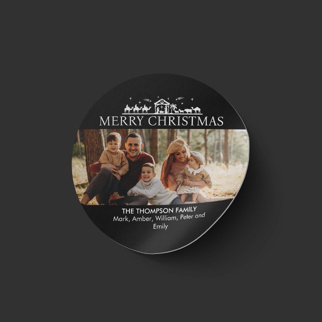Family Photo Simple Nativity Religious Christmas Classic Round Sticker (Creator Uploaded)