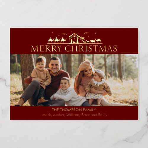 Family Photo Simple Nativity Religious Christmas Foil Holiday Card