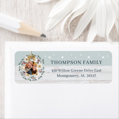 Family Photo Snowflake Wreath White Wood Shiplap Label