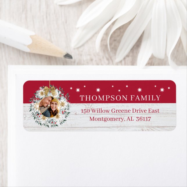 Family Photo Snowflake Wreath White Wood Shiplap Label (Insitu)