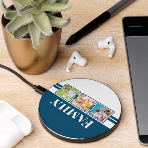 Family Photo Strip in Blue Wireless Charger