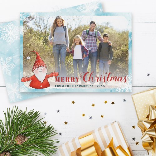 Family Photo Teal Blue Red Cute Gnome Christmas Holiday Card