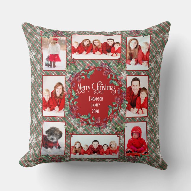 Family Photo Template Christmas Red + Green Plaid Throw Pillow (Front)