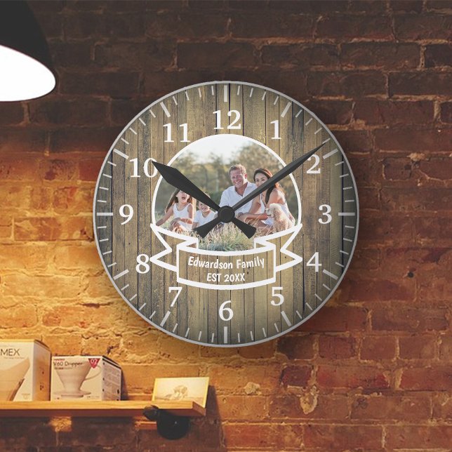 Family Photo Template Rustic Wood  Round Clock (Creator Uploaded)