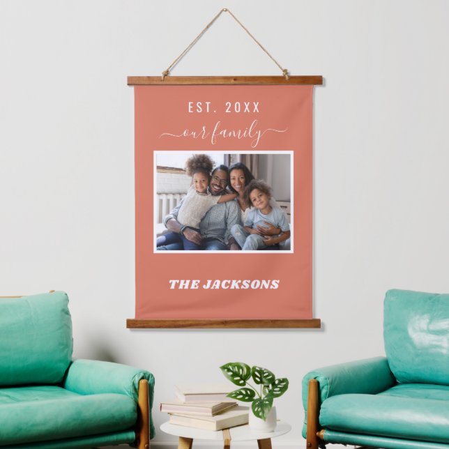 Family photo terracotta earth name script hanging tapestry (Living Room)