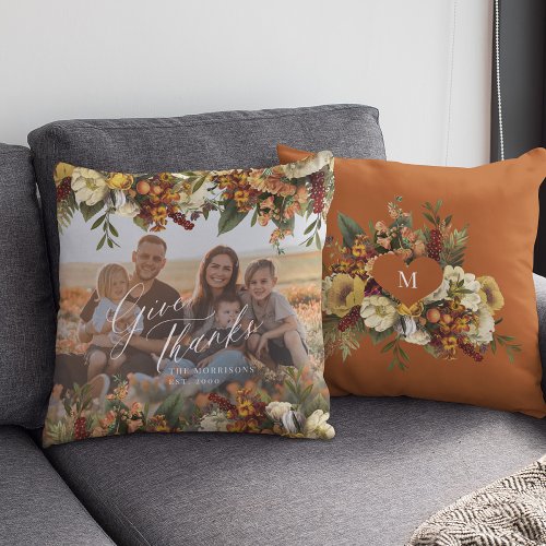 Family photo Thanksgiving give thanks fall floral  Throw Pillow