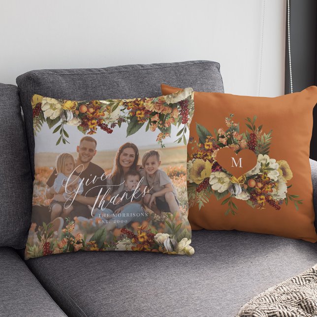 Family photo Thanksgiving give thanks fall floral  Throw Pillow (Creator Uploaded)